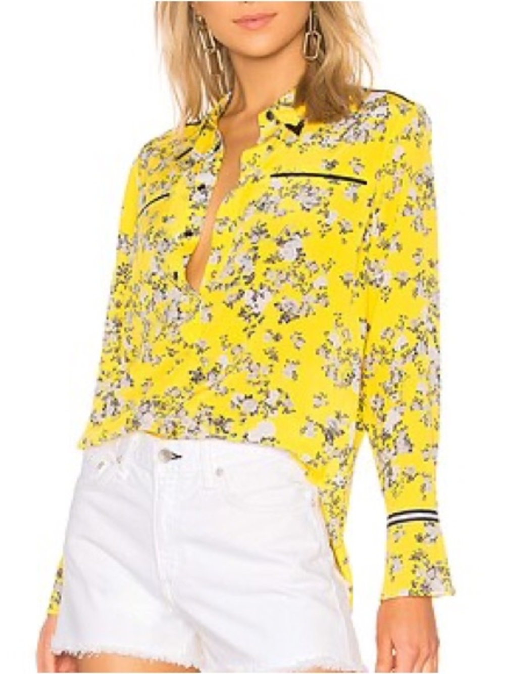 100% Silk Floral Top w/Western Details Yellow/Black/White S